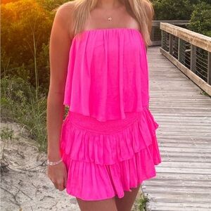 Pink Ruffle Tiered Strapless Mini Romper